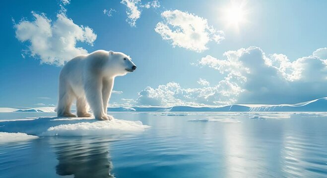 photo of one polar bear on a tiny floating patch of ice lost in the ocean, with bright sun, global warming, realistic photo, wide-angle lens, panoramic view