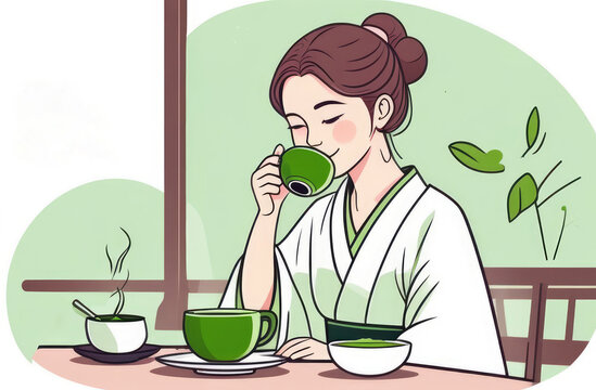 tea ceremony, flat illustration. smiling cute Asian girl holding cup of traditional Japanese matcha
