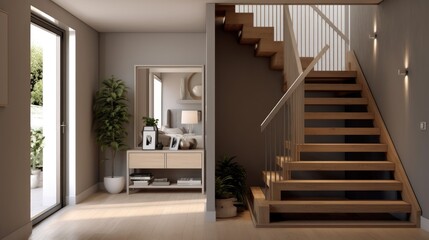 Interior of modern living room with wooden stairs.