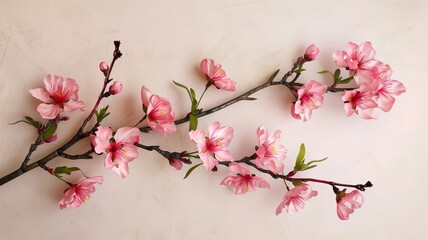 peach blossoms laid flat on a desktop, offering a captivating view of deep pink flowers with a hint of red, showcasing a fresh color tone and plenty of bright, well-lit space for text.