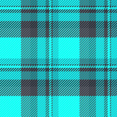 Sofa seamless texture plaid, direct check vector fabric. Interior tartan pattern background textile in cyan and teal colors.