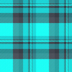 Sofa seamless texture plaid, direct check vector fabric. Interior tartan pattern background textile in cyan and teal colors.