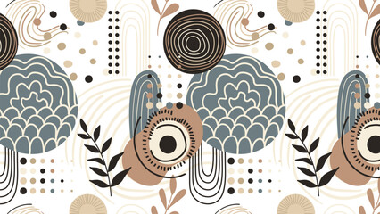 Seamless vector pattern with abstract shapes and floral elements. Scandinavian style. - obrazy, fototapety, plakaty