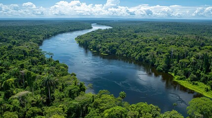 an aerial view of a river surrounded by lush green trees and a blue sky with white clouds in the background.