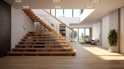 Interior of modern living room with wooden stairs.