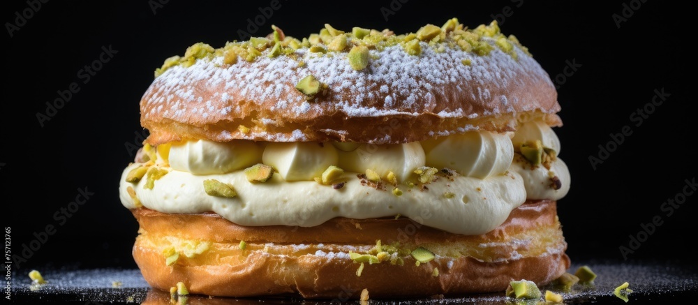 Sticker A closeup photo of a Zuppa Inglese pastry topped with powdered sugar on a table. This traditional dessert is made with layers of sponge cake soaked in liquor and custard cream