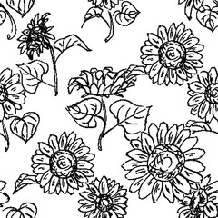 Seamless pattern with flowers. Black and white floral motif textile design on a white background