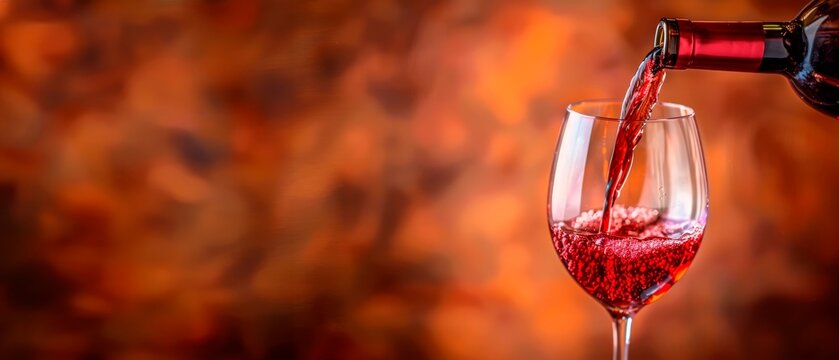 Red wine being poured into a glass against a blurred background, space for text.horizontal background 
