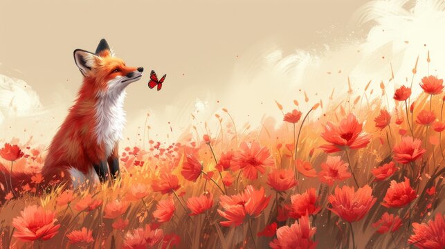 a painting of a fox in a field of flowers with a butterfly on it's nose looking at the sky.