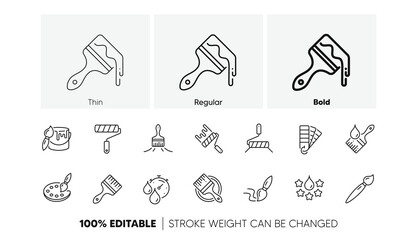 Color palette, Paint tin or bucket, Roller tool. Paint brushes line icons. Pantone samples, Dye quality, Creative art brush line icons. Finishing work, Painter tool and Dye color palette. Vector