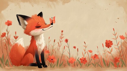Naklejka premium a painting of a red fox sitting in a field of flowers with its eyes closed and a smile on its face.