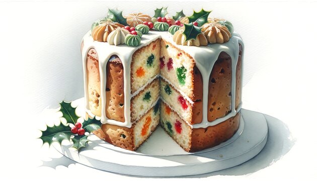 Watercolor Painting of Christmas Cake