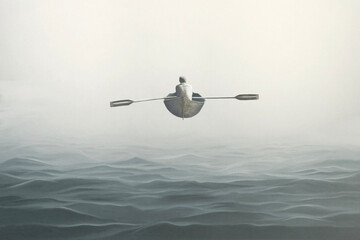 Illustration of man on a canoe flying over the sea, surreal abstract concept