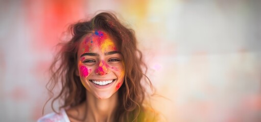 Happy young woman covered in colorful powders celebrates holi festival, holi design