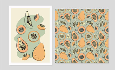 Papaya fruits set in flat design. Poster and seamless pattern with papaya for fabric, cards, wallpaper in boho style.
