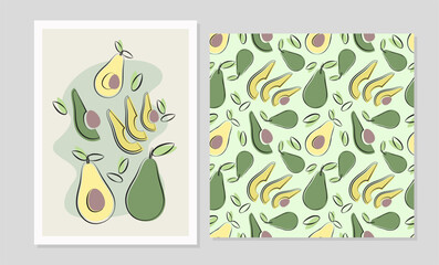 Avocado fruits set in flat design. Poster and seamless pattern with avocado for fabric, cards, wallpaper in boho style.
