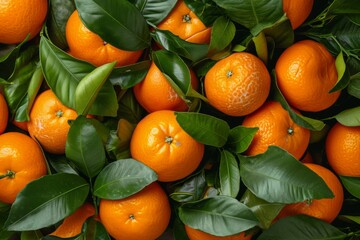 Pile of oranges with leaves