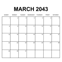 march 2034. monthly calendar design. week starts on sunday. printable, simple, and clean vector design isolated on white background.