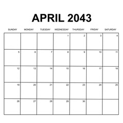 april 2034. monthly calendar design. week starts on sunday. printable, simple, and clean vector design isolated on white background.