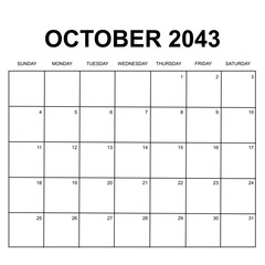 october 2034. monthly calendar design. week starts on sunday. printable, simple, and clean vector design isolated on white background.