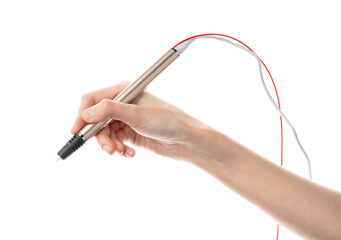 3d pen for creating volume plastic figures isolated on white background. 3d pen, kit of colourful plastic filament on white background	