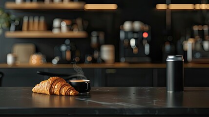 a can of coffee served alongside a freshly baked croissant in a sleek black-themed cafe, featuring a tabletop, placement against a backdrop of black bokeh and a coffee machine.