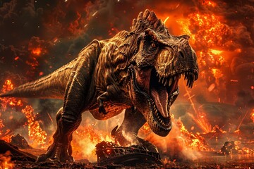 A colossal Tyrannosaurus Rex roaring amidst the fiery landscape of plate techonolgy, surrounded by smoldering lava and dark sky. 