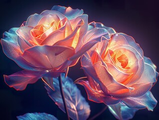 Very beautiful two rose with crystal glass effects, front on view, iridescent opalescent colours, dark background