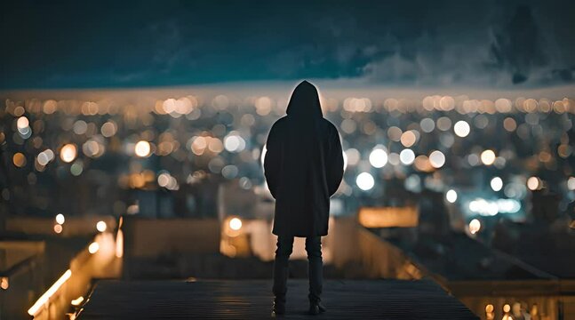animation of a anonymous faceless man in a hood on the roof of a night city with blurry lights