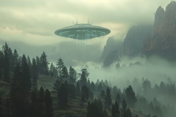 UFO distant alien spaceship hovering over an otherworldly landscape, with misty mountains and trees in the background, creating a sense of mystery and wonder.