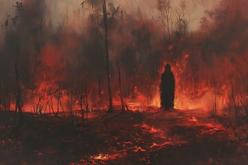 A figure in a black robe standing on burning ground, surrounded by dry trees, in the style of oil painting. In an eerie and dark atmosphere.