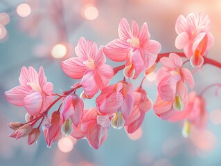 a Very beautiful branch of pink flowers, front on view, iridescent opalescent colours, pastel vintage background