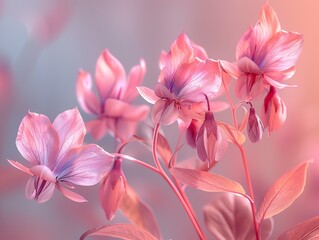 a Very beautiful branch of pink flowers, front on view, iridescent opalescent colours, pastel vintage background