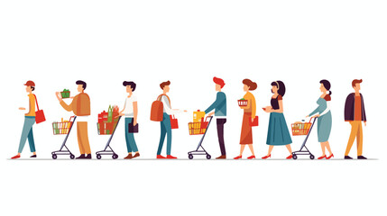 Men and women shopping queue with basket in supermarket 