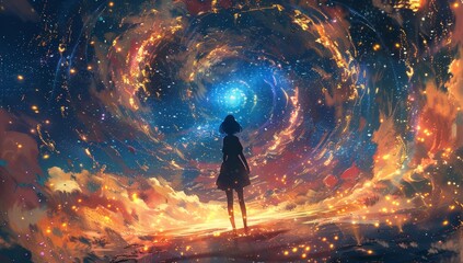 A girl in the center of an infinite spiral galaxy, arms outstretched to embrace it, colorful swirls around.