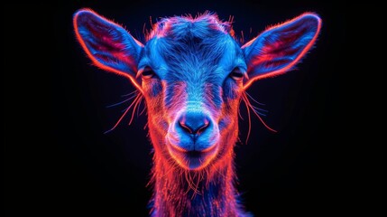 a close up of a goat's face with a blue and red light shining on it's face.