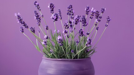 A royal purple vase holds a bouquet of delicate lavender flowers, creating an elegant and soothing display
