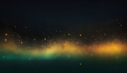 Black dark green, yellow, orange, gold, shiny glitter abstract gradient background with space. Twinkling glow stars effect. Like outer space, night sky, universe. Rusty, rough surface, grain