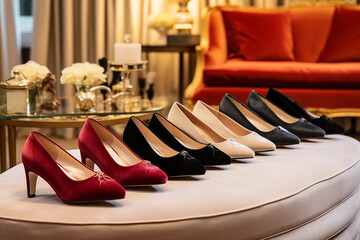 Elegant designer shoes and heels lined up neatly on plush velvet ottoman. Generative AI