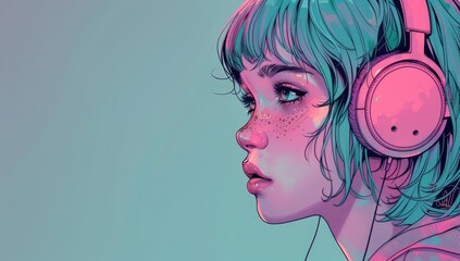 A girl with headphones in the style of lofi anime, pastel colors, lofi vibes, pink and teal 