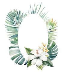 Watercolor tropical wreath with white flowers and green palm leaves isolated illustration - obrazy, fototapety, plakaty