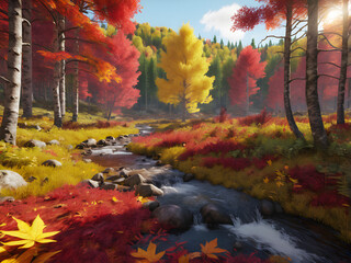 Autumn Tapestry: Golden and Crimson Leaves Blanket the Forest Floor. generative AI