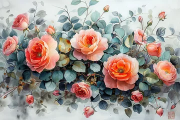 Fotobehang This watercolor art piece showcases lush pink roses with dew-kissed petals, delicately painted against a muted watercolor background, capturing the essence of a blooming garden. © Digital Dreamscape