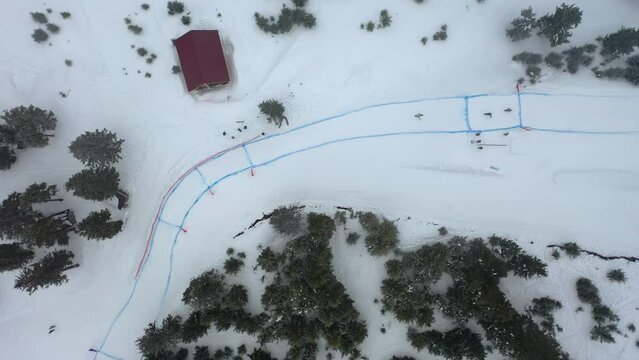 Aerial top-down view of snowboard cross competition