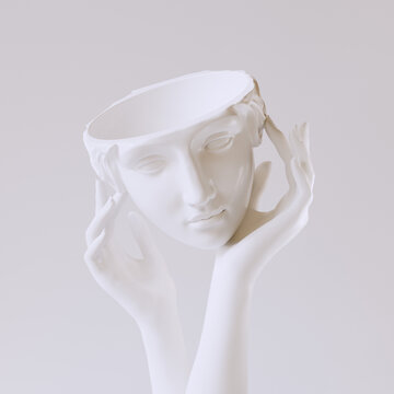 Open woman head sculpture in hands, psychology and conscious concept, 3d rendering,