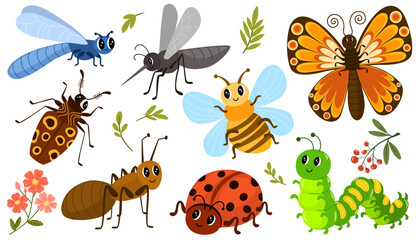 Cute insects set. Butterfly, ant, ladybug, bee, mosquito, caterpillar, dragonfly and beetle. Vector hand draw illustration isolated on white background