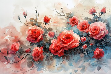 This watercolor art piece showcases lush pink roses with dew-kissed petals, delicately painted against a muted watercolor background, capturing the essence of a blooming garden.