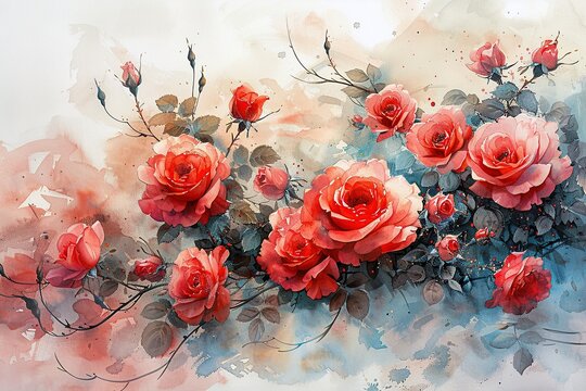 This watercolor art piece showcases lush pink roses with dew-kissed petals, delicately painted against a muted watercolor background, capturing the essence of a blooming garden.