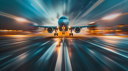 Front view of a commercial airplane landing on runway with motion blur effect.