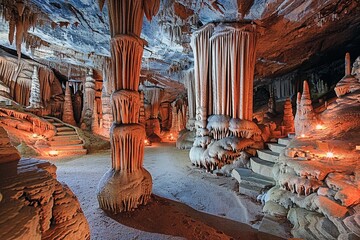 awe-inspiring beauty of towering limestone formations within a cave, highlighted by the subtle illumination that showcases the stalactites and stalagmites.